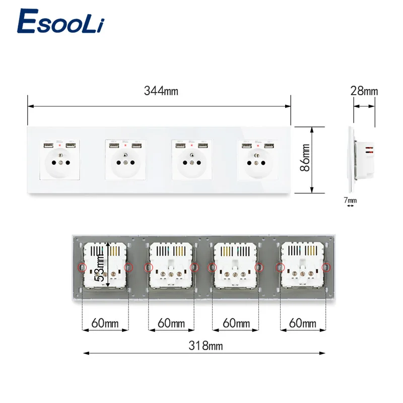 Золотая настенная Хрустальная панель Esooli 4 клавиши электрическая розетка с