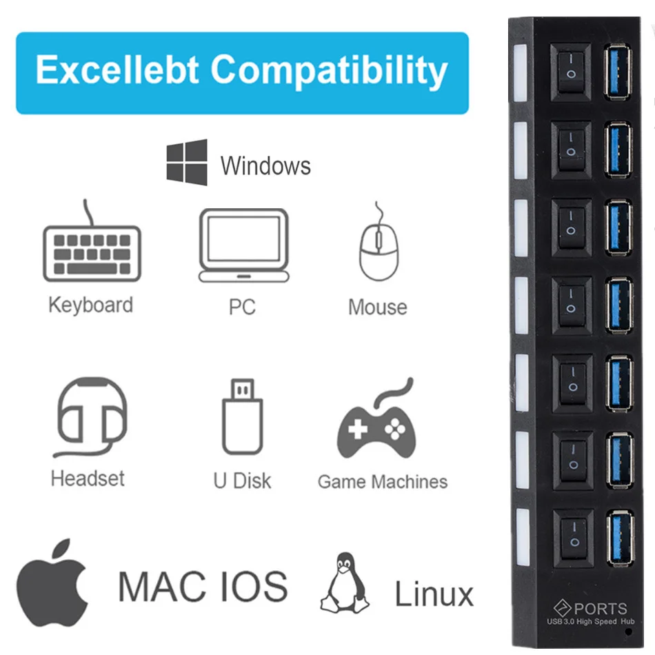 7-Port USB 3.0 Hub with Power Adapter and Individual Switches