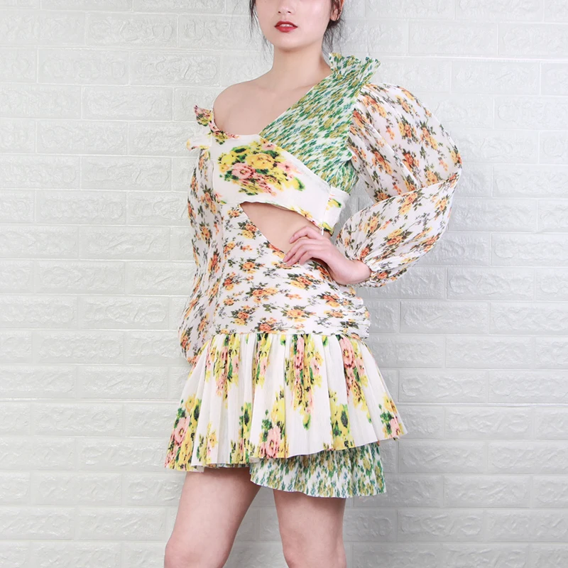 TWOTWIN стильные женские платья с рукавами-фонариками, с высокой талией, с открытыми плечами, с принтом, платье для женщин, сексуальный стиль, мода