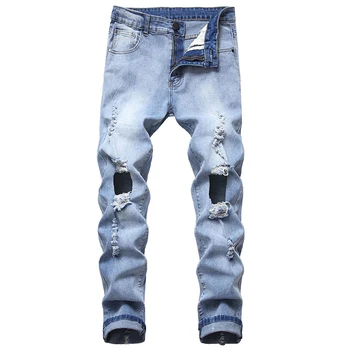 

Men denim trousers new hole jeans men hole denim bra chain tight skinny street clothing personality