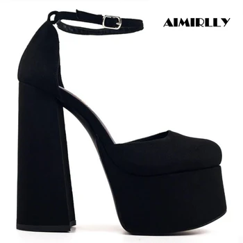 

Shoes Women Round Toe High Heels Chunky Heel Platform Pumps Buckle Strap Ladies Evening Party Clubwear Shoes Fashion Black