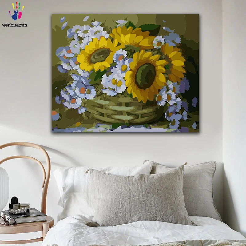 DIY картинки для раскраски по номерам с цветами Подсолнух белая Маргаритка цветок баскэ картина для рисования по номерам в рамке для дома
