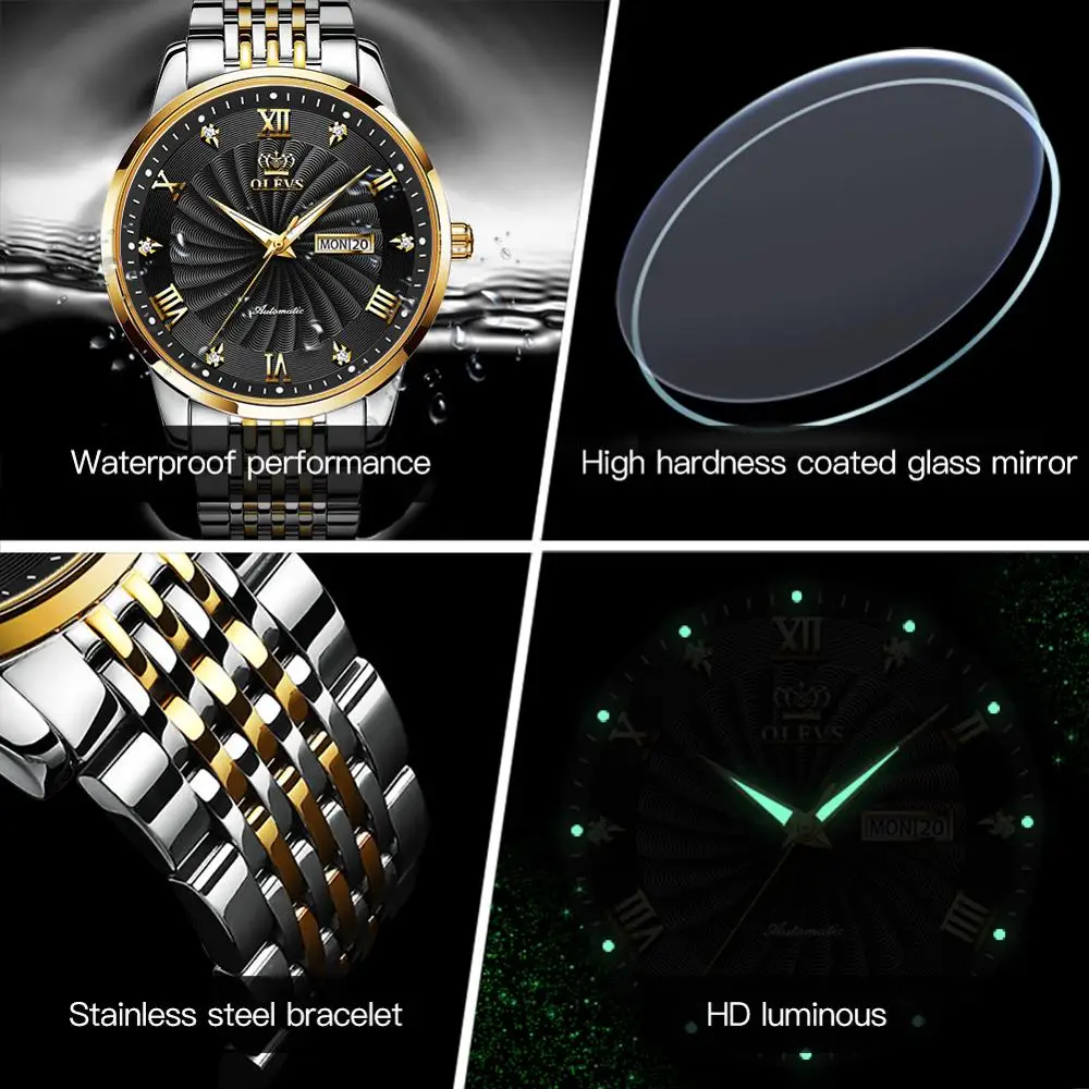 OLEVS-relojes mecánicos automáticos para hombre y mujer, cronógrafo mecánico de marca de lujo, resistente al agua, regalo de San Valentín - Imagen 6
