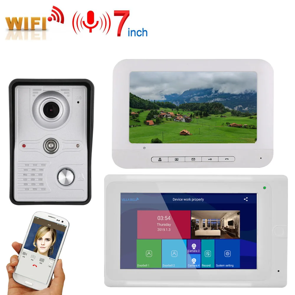 buy 7 inch 2 Monitors Wireless Wifi Record Video Door Phone Doorbell Intercom System with HD 1000TVL Wired Camera