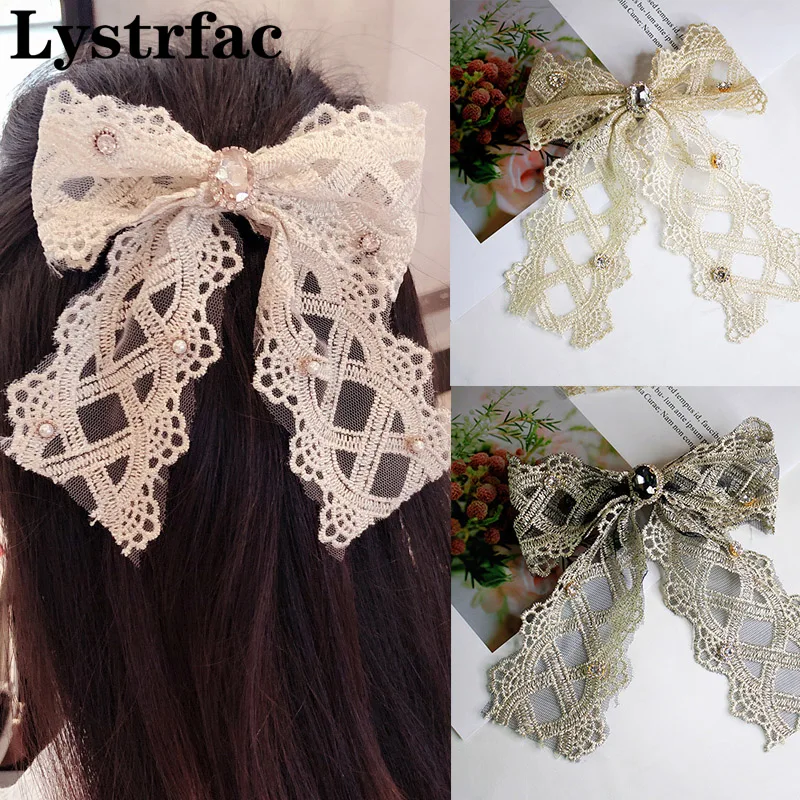 

Lystrfac Ins New Lace Bowknot Rhinestone HairClip for Women Female Fashion Hairpin Ponytail Barrettes Women Hair Accessories