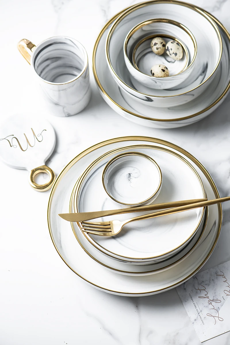 European Glod Marble Ceramic Dinner Dish Plate Rice Salad Noodles Bowl Soup Plates Dinnerware Sets Tableware Kitchen Cook Tool