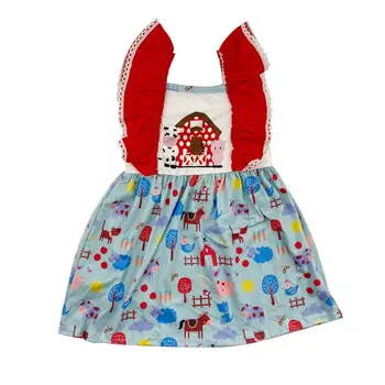 

Boutique hot sale children's clothes cow tree horse house kitten pattern small flying sleeves children dress