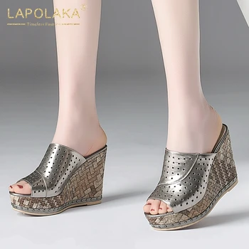 

Lapolaka 2020 New Fashion Genuine Cow Leather Luxury Shoes Women Slippers Platform Wedge High Heels Top Quality Slippers Female