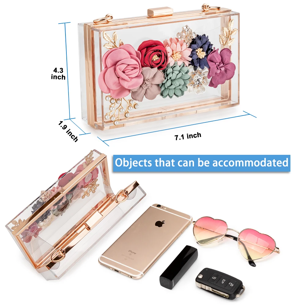 Women Acrylic Flower Clutches Crossbody Purse Evening Bags Chain Strap Wedding Prom Banquet Ideal-gift Golden Frame