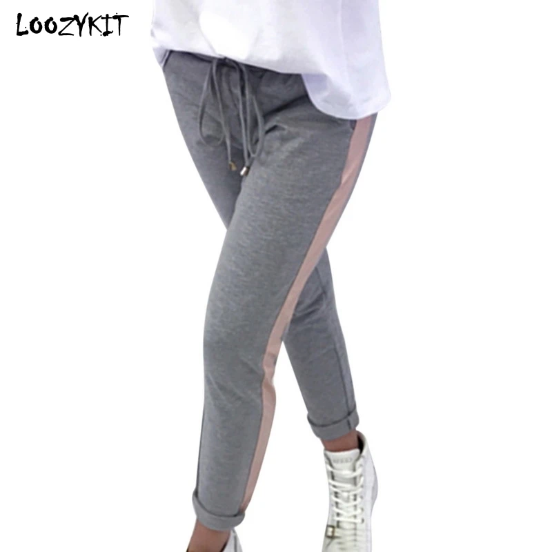 

LOOZYKIT Women's Yoga Pants Drawstring Waist Elastic Side Striped Patchwork Sweatpants Female Workout Running Pencil Trousers