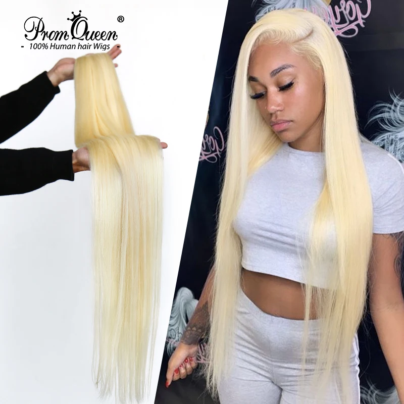 Promqueen-extensiones de cabello humano brasileño tejido, cabello virgen 9A de 30, 32, 38 y 40 pulgadas, mechones de pelo largo Rubio liso, 613 paquetes