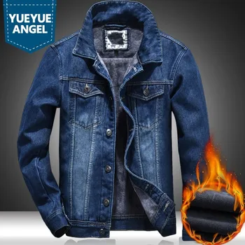 

Thick Fleece Liner Mens Winter Warm Denim Jackets Fashion Long Sleeve Single Breasted Lapel Slim Casual Male Coats Plus Size