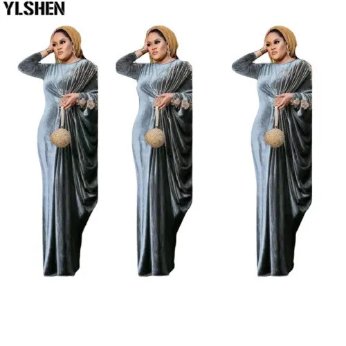 Velvet African Long Maxi Dresses for Women Evening Party Dress Christmas Dashiki Africa Clothes Plus Size Casual Muslim Robe 003