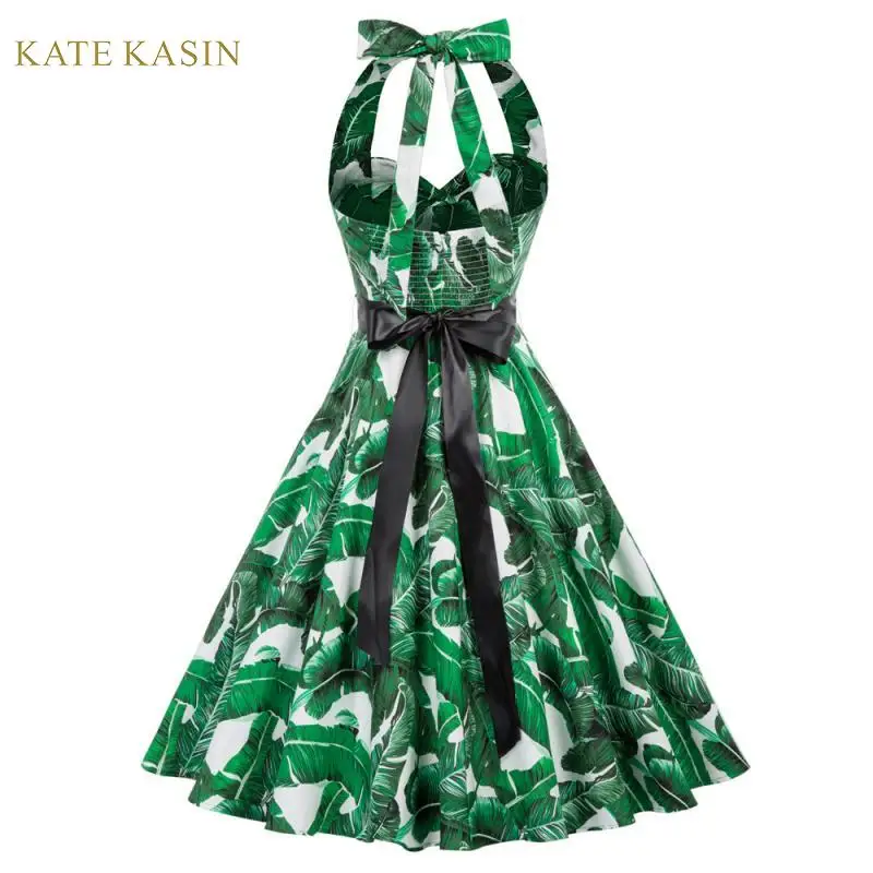 Kate Kasin Для женщин Винтаж 1950s с лямкой на шее Коктейльные Вечерние свободное платье с поясом Плиссированное расклешенное платье трапециевидной формы платье Летнее принтованное платье миди платья