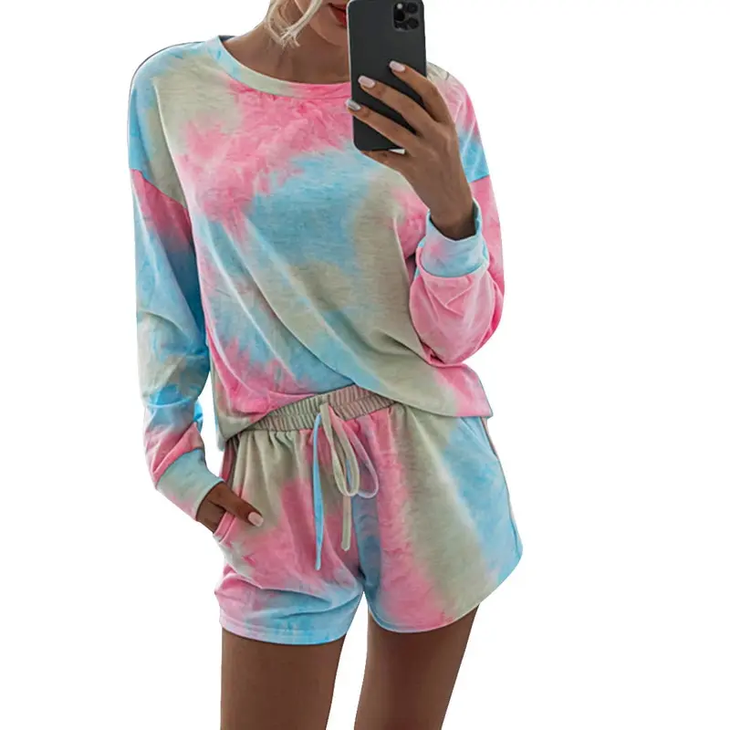 

Womens Gradient T-shirt Shorts Set 2 Pcs Lounge Wear Long Sleeve Top Drawstring Homewear Casual Suit New