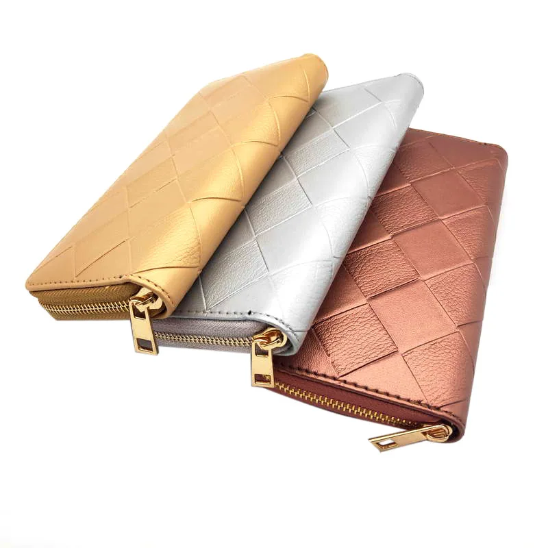 Women Weave Wallets Purses Lattice Plaid PU Leather Long Wallet Phone Bag Money Zipper Coin Pocket Card Holder Female Purse