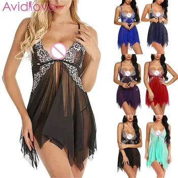 

Women Sexy Lingerie Nightdress Mesh Lace Patchwork Sexy Slips Babydoll Sleepwear Female High Waist Sling Erotic Nightgown