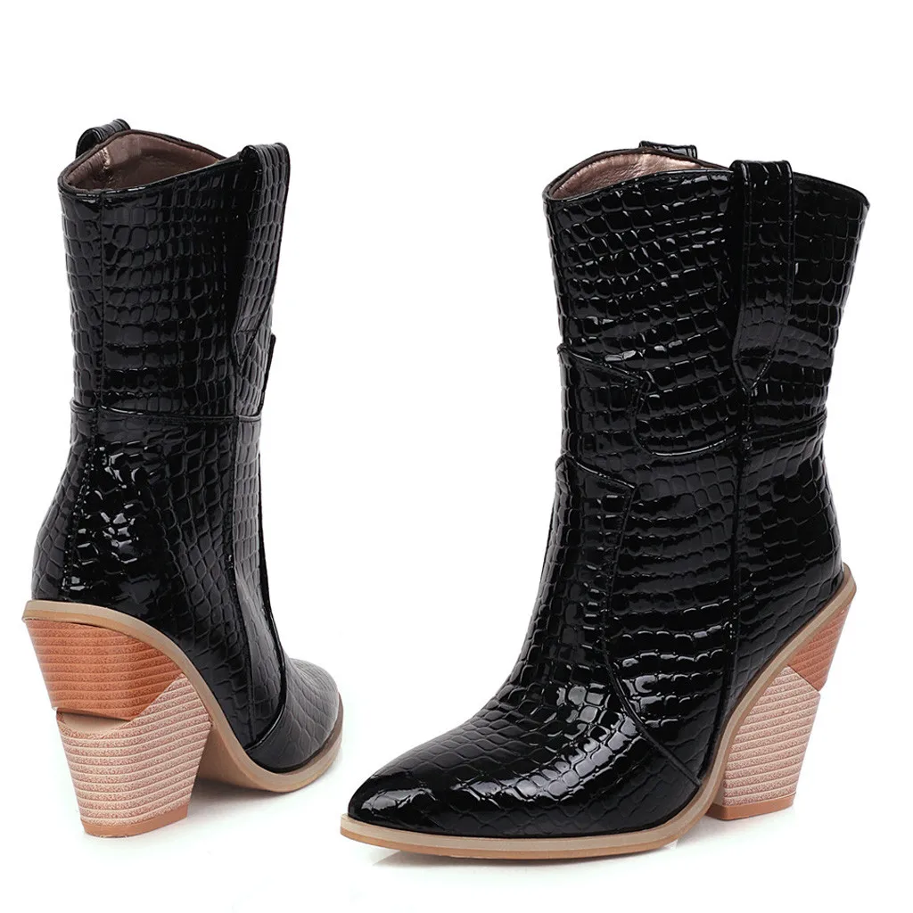 Г. Осень-зима, новые модные женские кожаные Нескользящие туфли на танкетке ковбойские пинетки с острым носком, женская обувь на толстом каблуке,# O19
