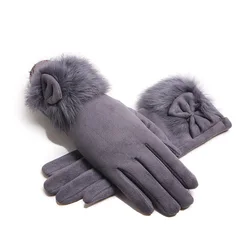 Winter Female Suede Leather Bow Plush Wrist Mitten Women Thick Plus Plush Windproof Warm Touch Screen Driving Gloves
