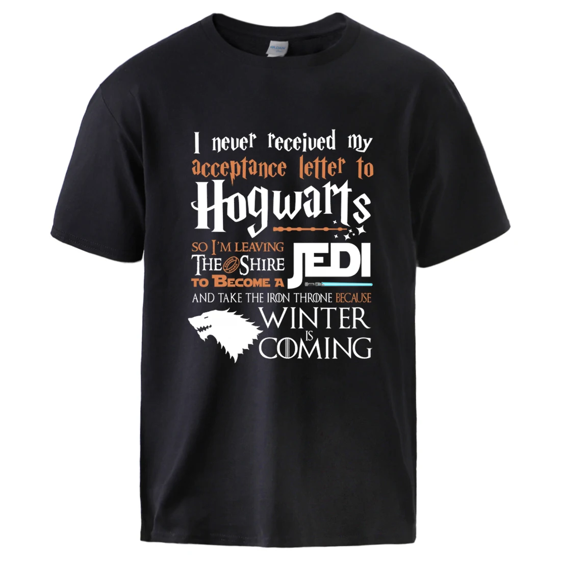 

Hogwarts Game of Thrones Star Wars Jedi Mens T shirts Summer Cotton Tee Winter is Coming Stark Wolf Male Casual Short Sleeve Tee