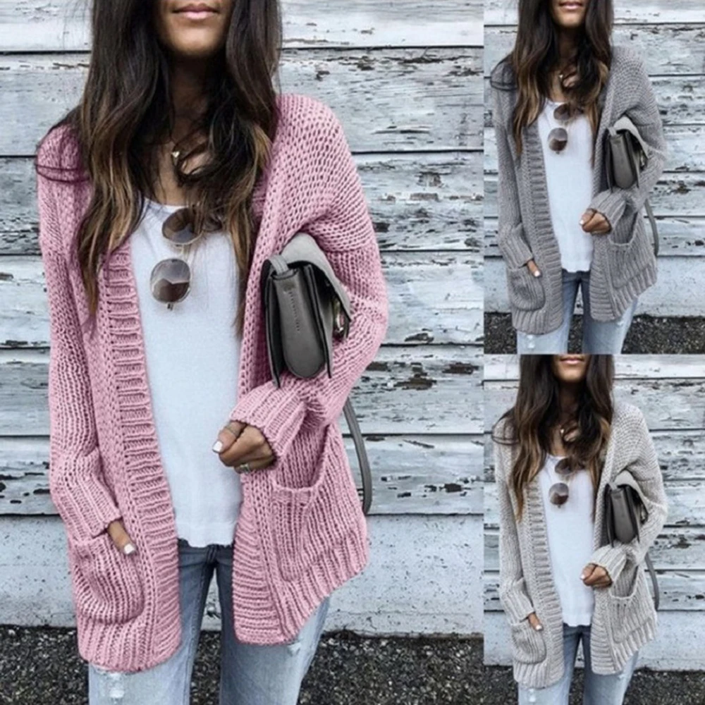 Autumn Winter Batwing long Sleeve Knitwear Cardigan Women smooth Knitted Sweater pocket design Female Jumper Coat pink |