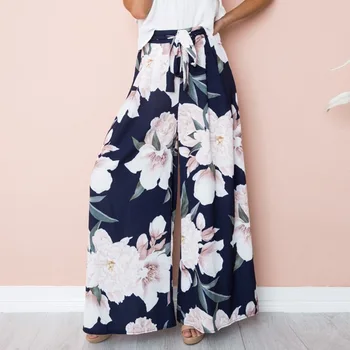 

2020 Summer women Casual plus size lace up pants trousers Lady high waist Loose Painted Print Mid Polyester Elegant Polyester