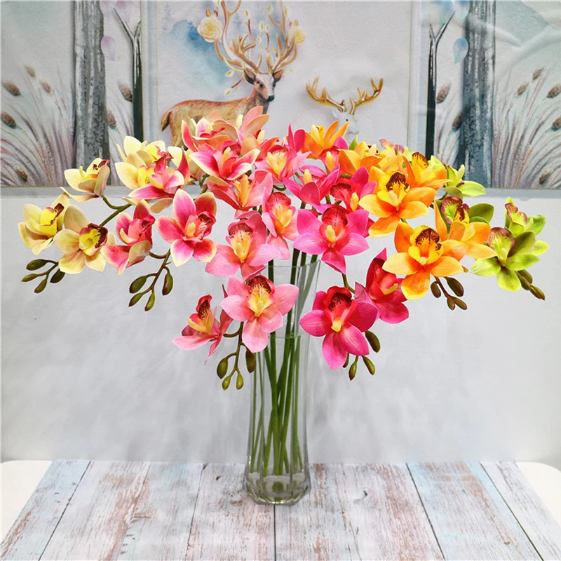 7 Heads Artificial Flower 3d Print Butterfly Orchid Green Plastic Fake Flower Cymbidium Home Wedding Decoration Supplies Props