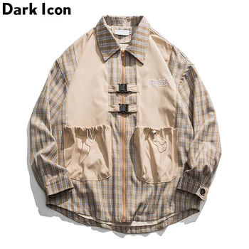 

Dark Icon Front Buckle Fashion Street Kacket Fake 2pcs Men Plaid Patchwork Men's Jacket Streetwear Clothing