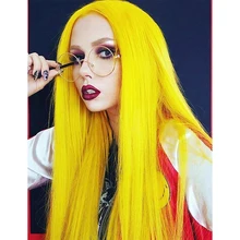 QUINLUX парики желтый длинный шелковистый прямой парик синтетические волосы на кружеве бесклеевой Косплей высокотемпературное тепловое волокно ручной работы парик