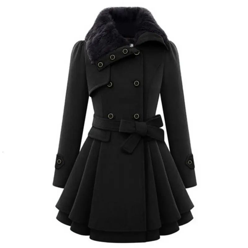 

Fall 2019 Black Women Wool Coat Vintage England Woolen Blends Thin Winter Warm Plus Size Overcoats Faux Fur Collar Fashion Coats