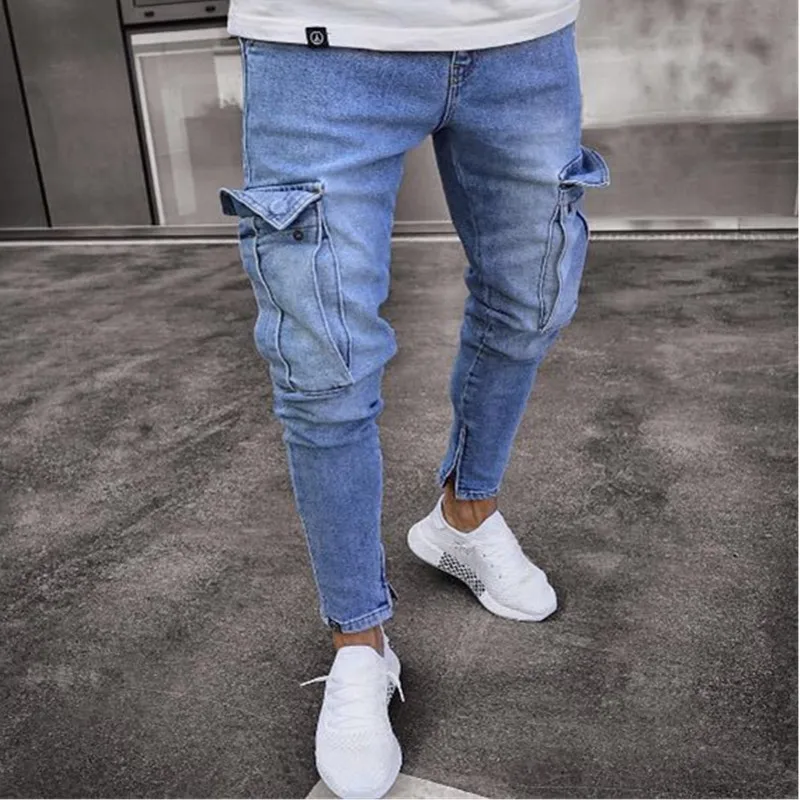 Для мужчин s штаны-карго из денима Штаны джинсы для женщин с боковыми накладной карман обтягивающие мужские узкие джинсы Fit повседневные длинные брюки Штаны