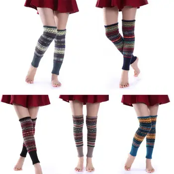

Women Girls Bohemian Knitted Long Leg Warmers Contrast Color Camouflage Stripes Thicken Over Knee High Cover Boot Cuffs Socks