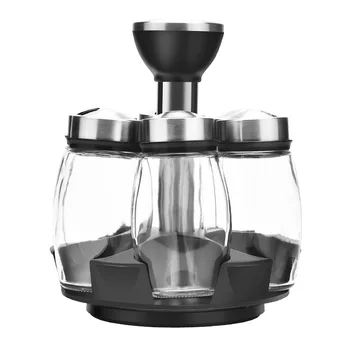 

6Pcs Spice Jars Set With Rotating Base Rotating Cruet Condiment Salt Suger Glass Bottles Set Kitchen Storage Rack Gadget