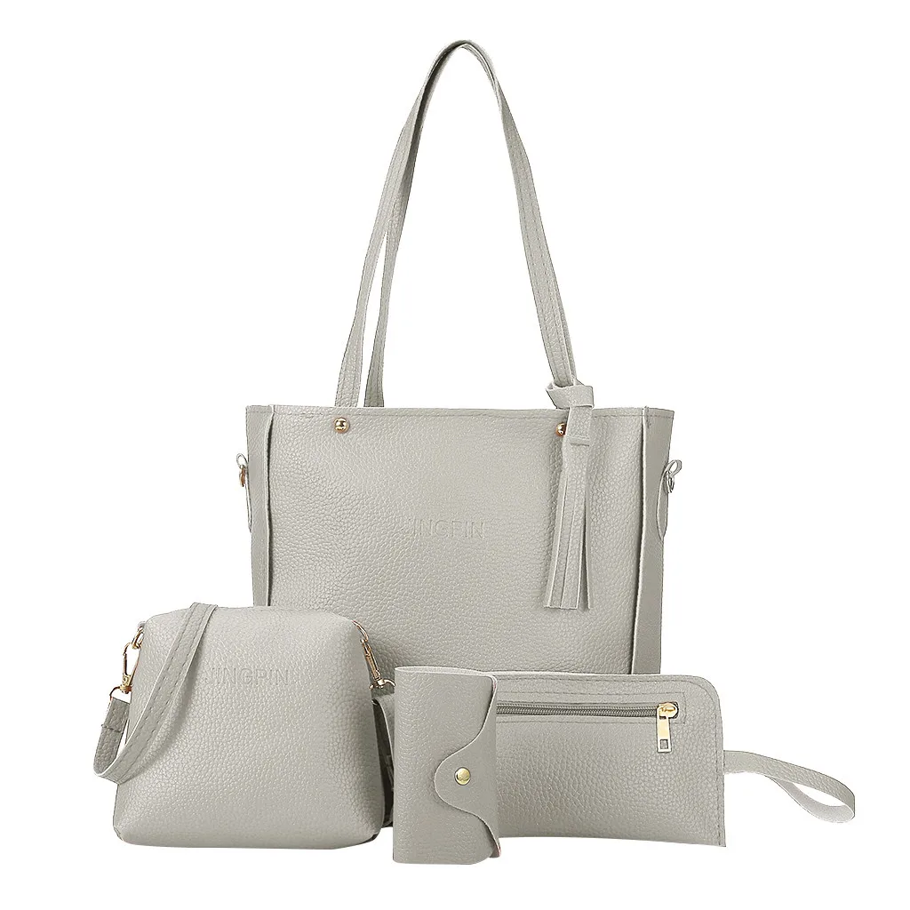 4 шт., женская сумка, набор,, новая мода, четыре части, сумки через плечо, женская кожаная сумка-мессенджер, Сумка с клапаном, кошелек, сумка, bolsos mujer - Цвет: Gray-a