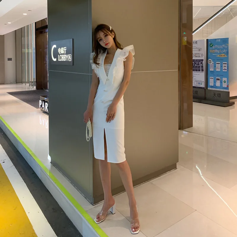 

WOMEN'S Dress 2019 Summer Wear Normcore Style V-neck Transparent Lace Joint Flounced Sleeves Slim Fit Sheath Dress