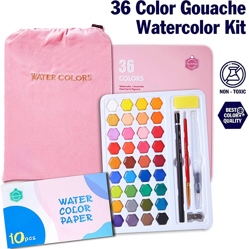 36 Colors Solid Watercolor Paint Set With Wooden Pole Brush Pen Water