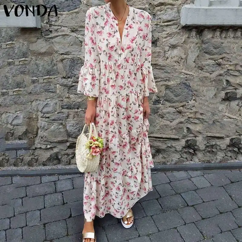 

Woman Vintage Printed Maternity Dress 2019 VONDA Autumn 3/4 Sleeve V Neck Long Dresses Bohemian Party Vestidos Femme Robe