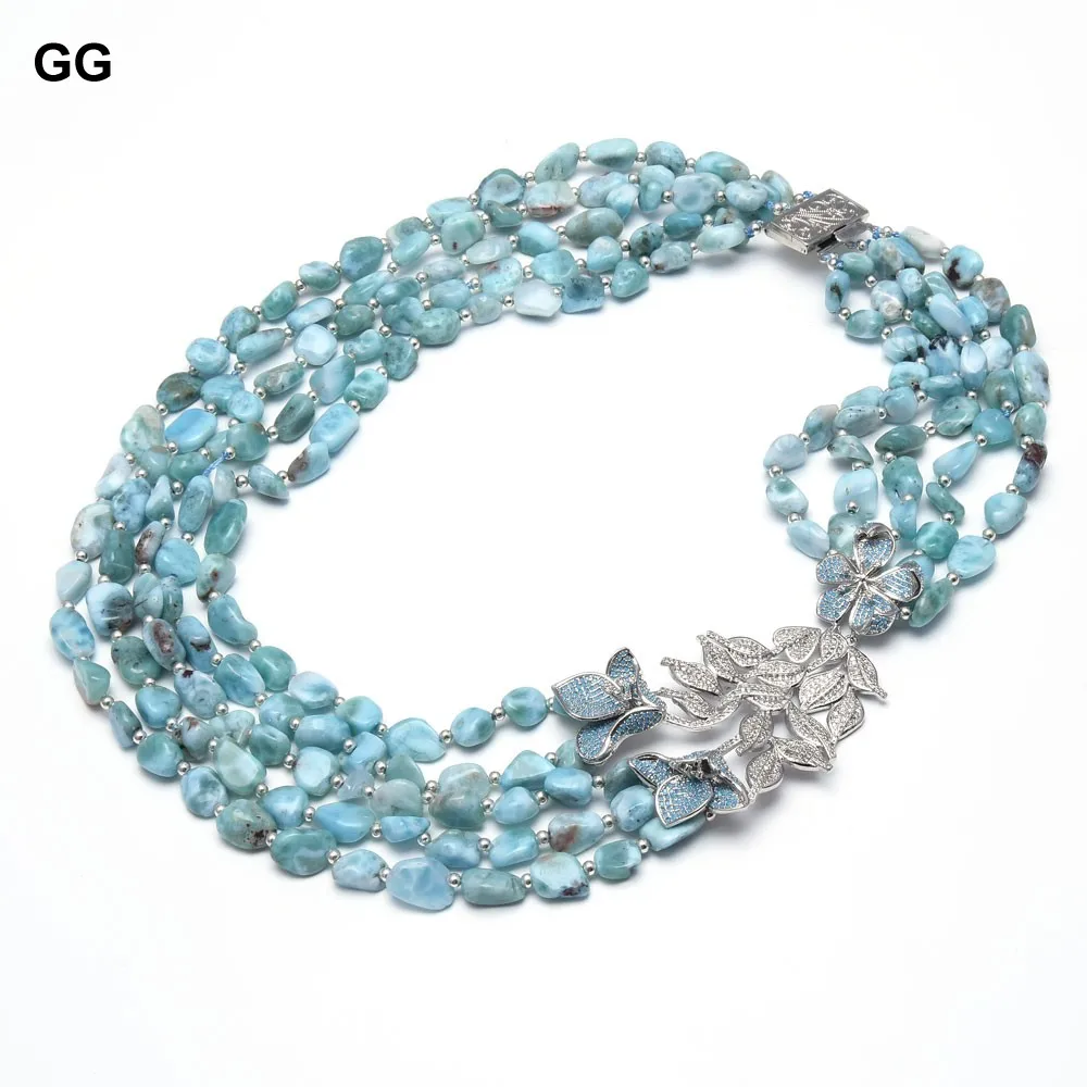 

GG Jewelry Natural 5 Strands Blue Larimar Freeform Shape Multi Strands Necklace 18" CZ Connector Handmade For Women