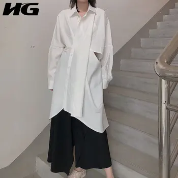 

HG Harajuku Style Irregular Womens Tops and Blouses Simple Hollow Minority Long Shirt Autumn New Long Sleeve Top Women XJ2147