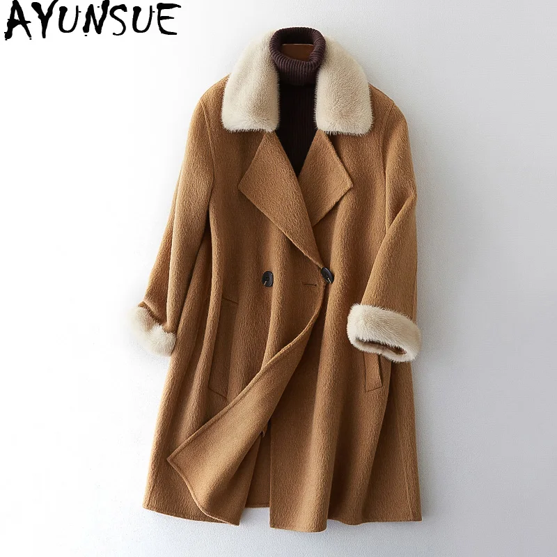 AYUNSUE 2019 Real Wool Coat Winter Jacket Women Mink Fur Collar Alpaca Woolen Coats and Jackets Women Kroean Long Jacket MY3957