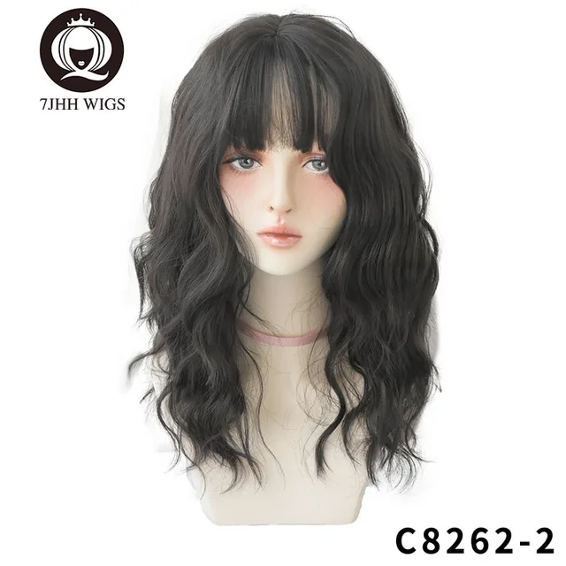 7JHH WIGS Blue Deep Wave Wig With Bangs For Women Long Omber Brown Hair Layered Heat Resistant Cosplay Party Synthetic Wig QP-6A-4