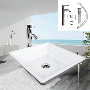 

Square Bathroom Porcelain Ceramic Vessel Sink Bath Bowl Faucet Drain Set White