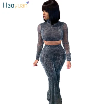 

ZOOEFFBB Shiny Mesh Sheer Two Piece Set Women Festival Clothing Turtleneck Crop Top Flare Pants Matching Suit Sexy Club Outfits