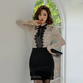 

Office Lady 2 Two Piece Set Women Hollow Out Lace Patchwork Puff Sleeve Blouse Shirt + Black Ruffles Mini Pencil Skirts Set A538