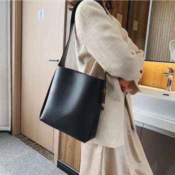 

Fashion Pu Leather Composite Bags For Ladies Casual Solid Large Capacity Bucket Bags For Women Simple Vintage Messenger Bags New