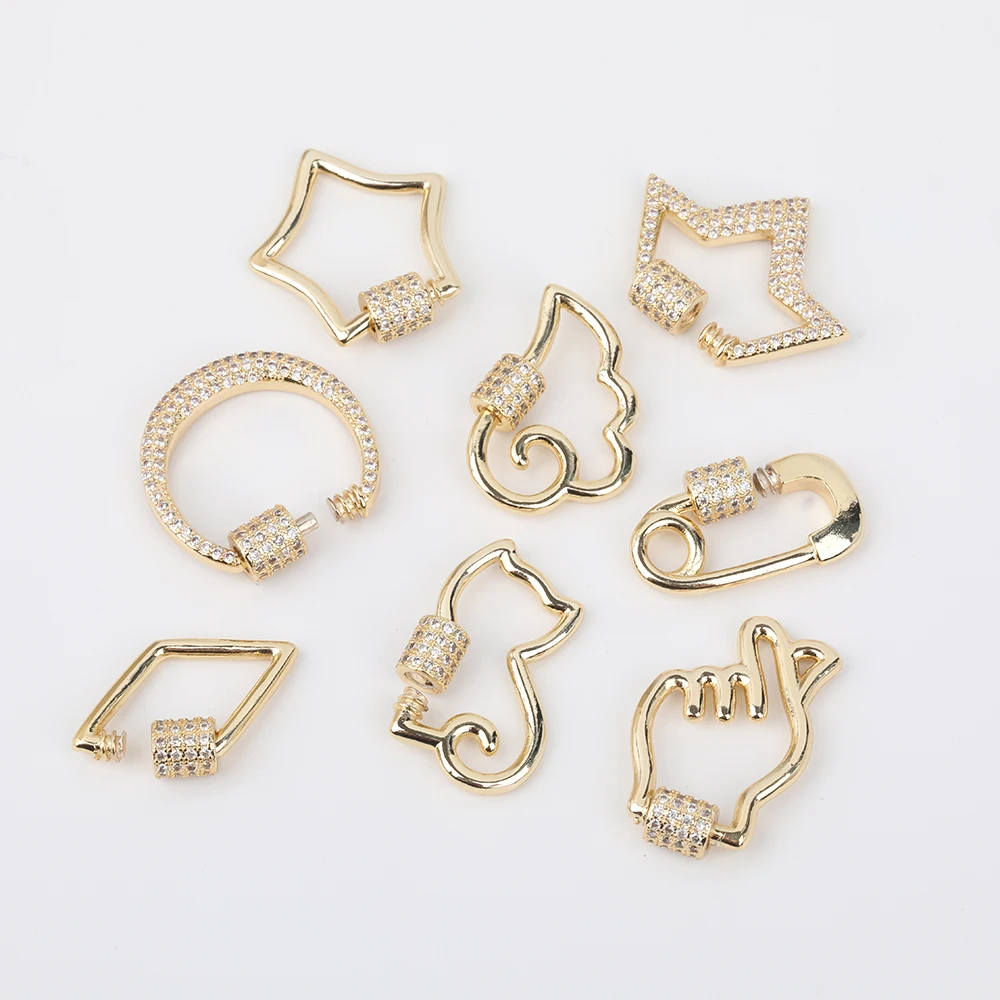 

10pcs/Lot 24mm CZ Micro Paved Hamsa Stars Hand Wings Screw Clasps Lock Carabiner Clasps For DIY Jewelry Findings FH-248ABE.A