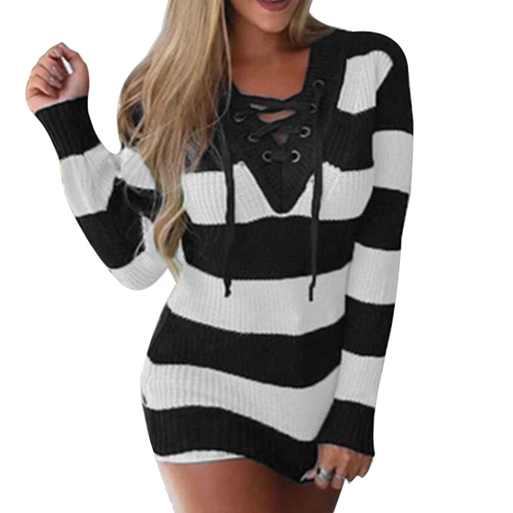 

2019 New Sexy Patchwork V-neck Autumn Bandage Sweater Women Long Sleeve Warm Knitted Striped Sweaters Pullover Female Top Jumper