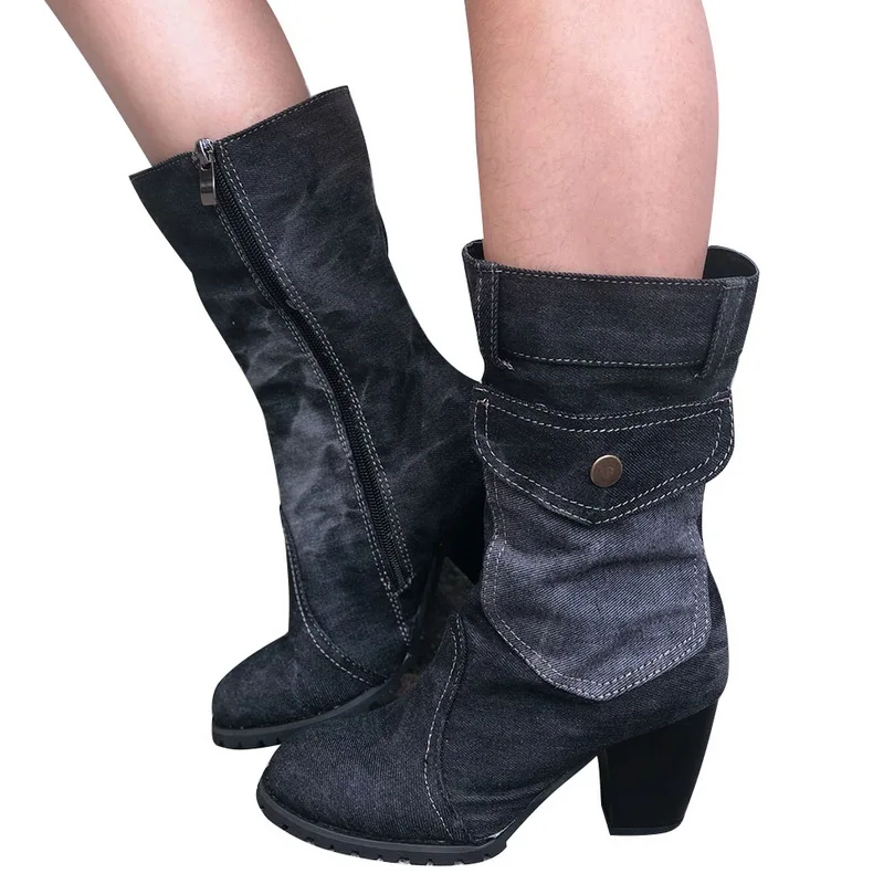 Aisputent/Новинка года; женские ботинки; ковбойские ботинки; зимняя теплая обувь до середины икры для женщин; модные короткие ботинки; индивидуальная обувь - Цвет: BLACK