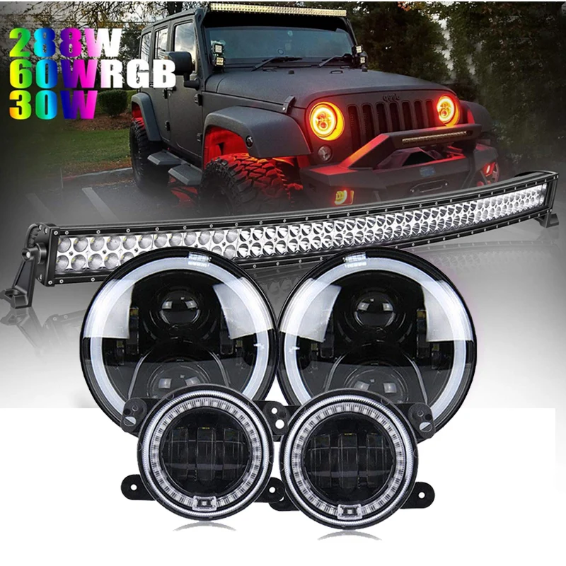 Для 2007- Jeep Wrangler JK JKU " дюймовый светодиодный налобный светильник s+ 4" светодиодный противотуманный светильник s RGB светильник наборы W/50 дюймов 288w Светодиодный светильник бар
