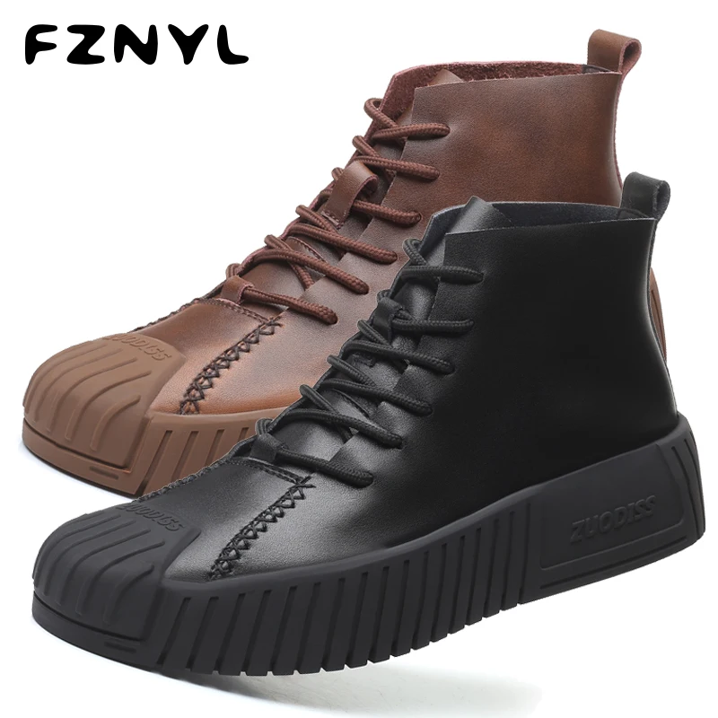 

FZNYL Men's Waterproof Casual Boots Retro British Style Thick Bottom Shoes Fashionable Youth Comfortable Soft Leather Footwear